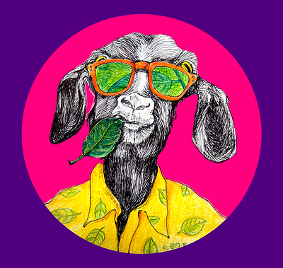 Goat Life chilling drawing eating goat goat life leaf leaves pen drawing pink retro summer sun glass yellow