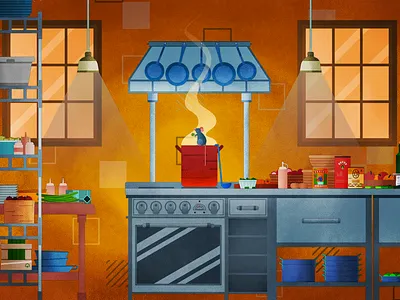 Ratatouille Fan Art Illustration 2d affinity designer cooking design disney fan art food illustration ingredients interior kitchen pans pixar pots rat ratatouille scene stove vector windows