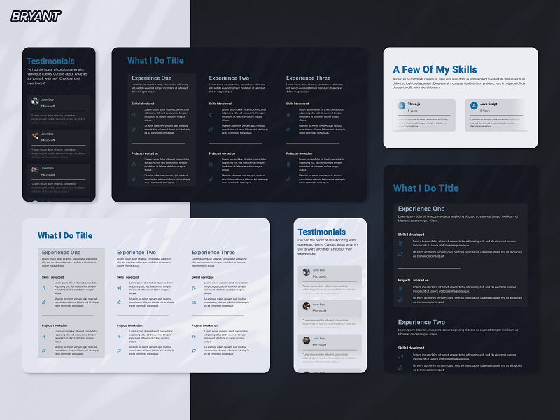 Bryant Protfolio UX / UI / Experience about darkmode design experience lightmode portfolio testimonial ui ux webdesign webflow website