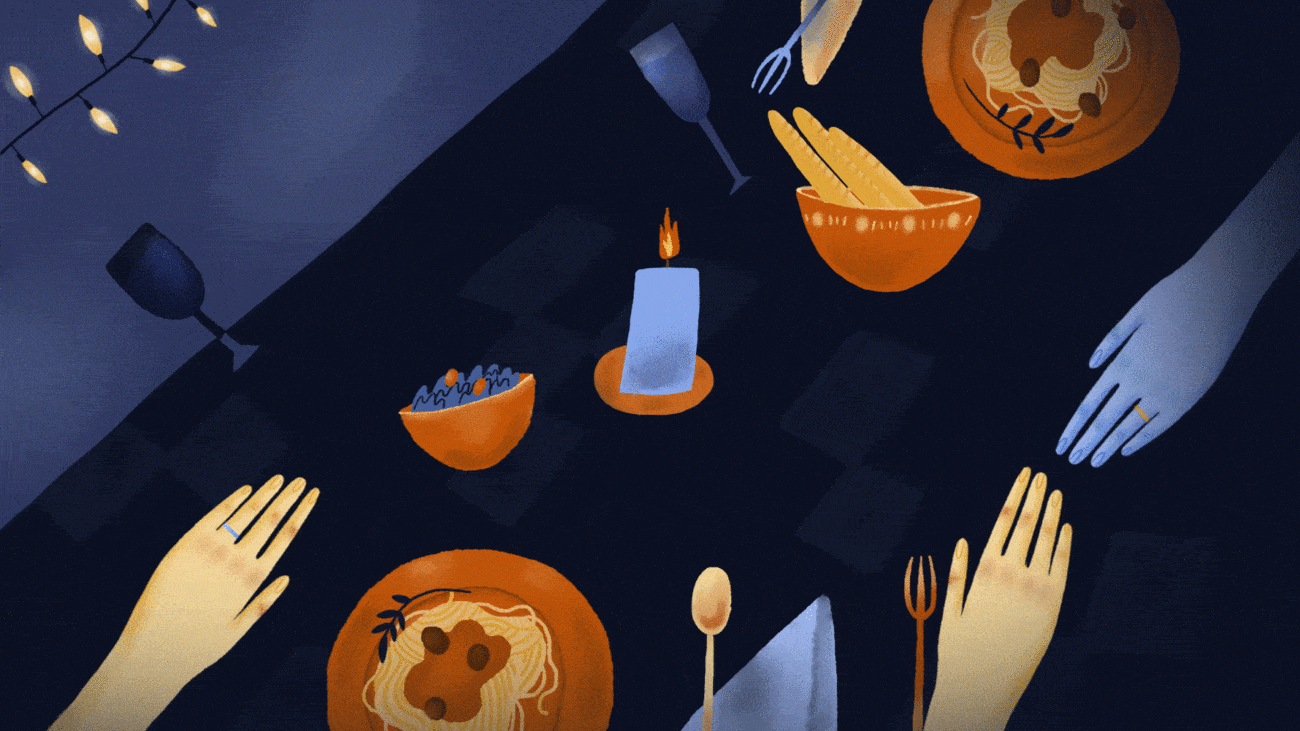 Light Up Your Life - Dinner Table animation art blue bread candle deep design dinner electricity emotional film food hands heartfelt illustration rich spaghetti storytelling texture warm