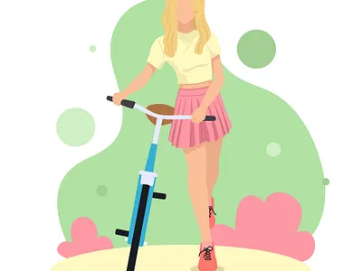 Summer girl riding bike with yellow top and pink skirt banner bicycle bubble design faceless fun girl graphic green hobby illustration pink poster ride summer vector walk woman yellow