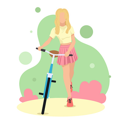 Summer girl riding bike with yellow top and pink skirt banner bicycle bubble design faceless fun girl graphic green hobby illustration pink poster ride summer vector walk woman yellow