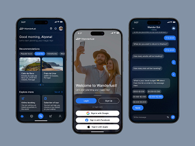 Wanderlust | Travel Mobile App ai app book bot chat design figma ios login messages profile travel ui ux web