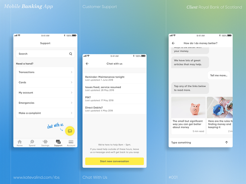 Mobile Banking App | Customer Support app bank banking blue branding chat clean customer support fintech mobile mobile app mobile app design mobile design product design ui ui design ux ux design yellow