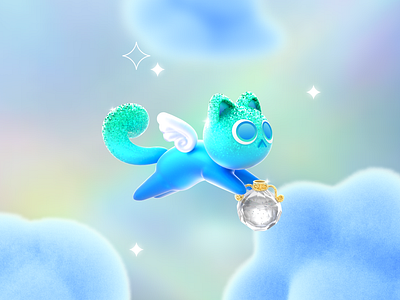 Aquarius 3d c4d cat cinema 4d clouds cute glitter gradient illustration magic octane pastels zodiac