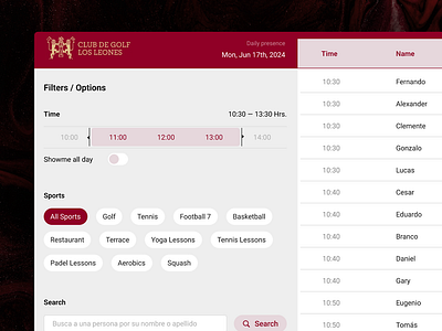 Daily attendance list filters ipad left filters list red table tablet ui user experience user interface ux uxui