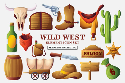 Wild West Elements Vector Icon Pack 2d animation beer branding bulls parade bulls rodeo cowboys flat elements flat icon flat illustration gun horn logo saloon texas texas icon wild west wild west element wild west icon