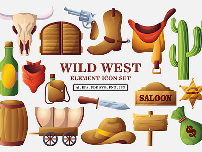 Wild West Elements Vector Icon Pack 2d animation beer branding bulls parade bulls rodeo cowboys flat elements flat icon flat illustration gun horn logo saloon texas texas icon wild west wild west element wild west icon