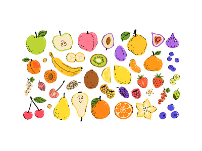 Fruits doodle set cartoon colorful concept design doodle flat food fruits illustration kids playful summer vector