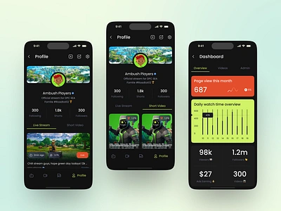 Profile Dashboard For Streamer admin app chart concept dark dashboard data design edit games live profile settings streamer ui ui design ui kit ux video website