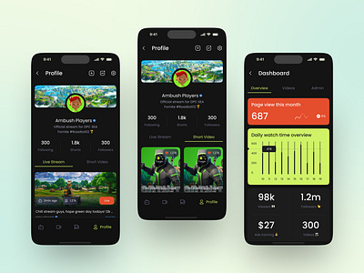 Profile Dashboard For Streamer admin app chart concept dark dashboard data design edit games live profile settings streamer ui ui design ui kit ux video website