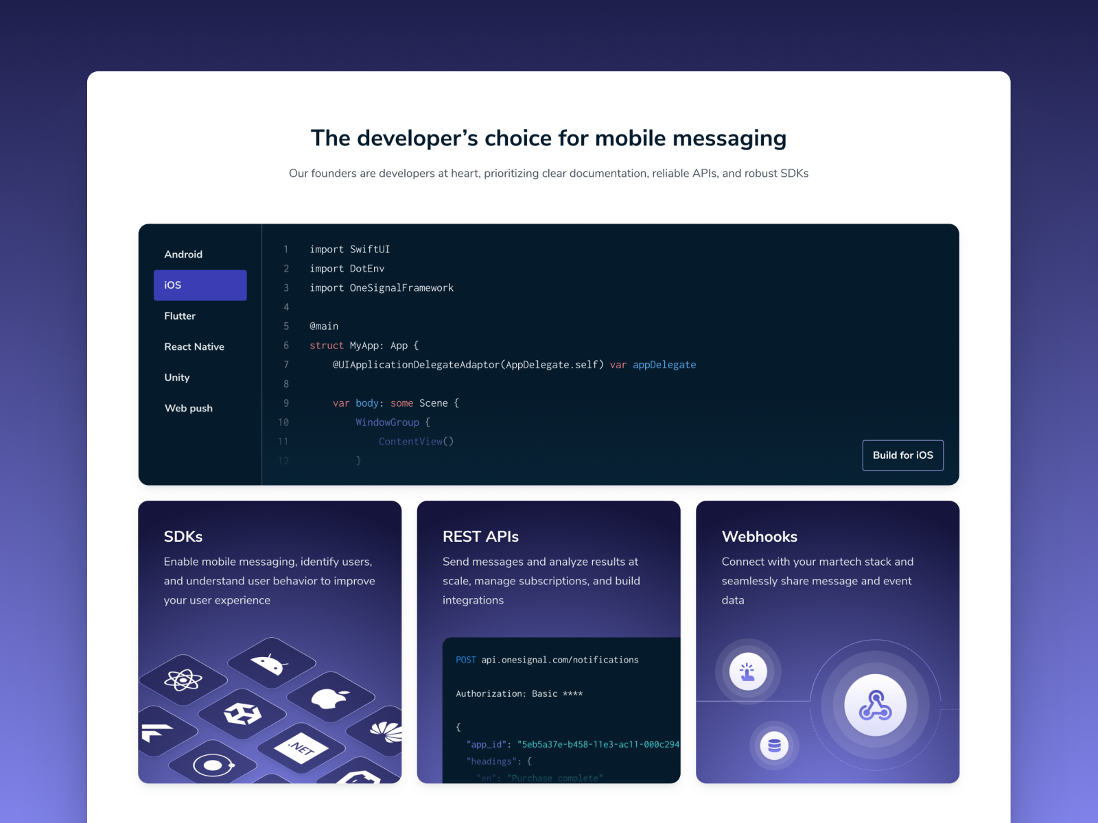 Mobile Messaging for Developers api code codeblock developers engineers ios onesignal sdk ui webhook