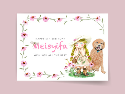 Cute cartoon girl watercolor birthday invitation card poster
