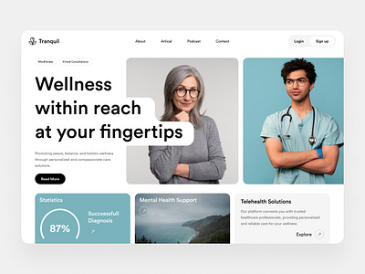 Tranquil - Wellness Landing Page UI ai mental app ui clean design diagnosis fitness health landing page meditation mental mental health mind mindfulness minimal modern ui ui ux web web design website design welness