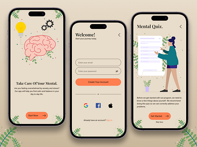 Mobile App - Login & Quiz | Mental Health android app app login create account graphic design illustration ios login mental health mental health app minimal minimalistic mobile mobile app modern modern login paper popup quiz uiux