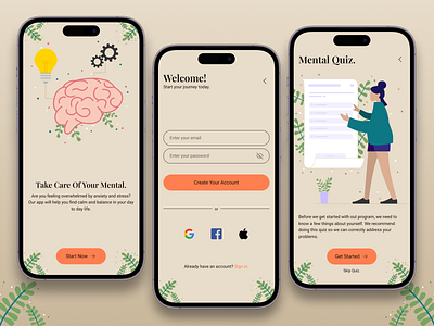 Mobile App - Login & Quiz | Mental Health android app app login create account graphic design illustration ios login mental health mental health app minimal minimalistic mobile mobile app modern modern login paper popup quiz uiux