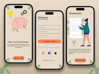 Mobile App - Login & Quiz | Mental Health android app login brain bulb create account graphic design human illustration ios login mental health mental health app minimal minimalistic modern modern login paper popup quiz uiux