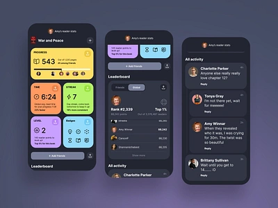 Readiverse App activity feed app card ui cards colorful dark app dark mode dark ui dashboard design gamification icons ios leaderboard mobile social ui wangmander