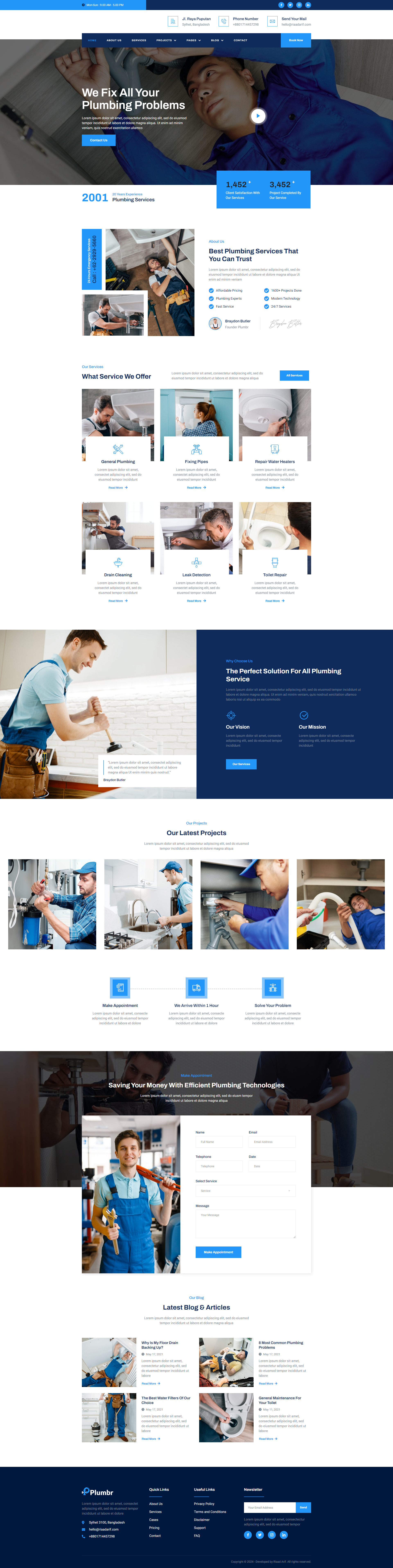Plumbing Services Website Design | WordPress construction website design handyman website home repair website mechanic website plumber website plumbing website renovation website repair website riaad arif ui ui ux web design web development website website design wordpress wordpress design