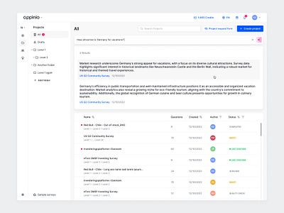 AI Insight Scanner ai appinio clean dashboard design interface list projects research search surveys ui ux