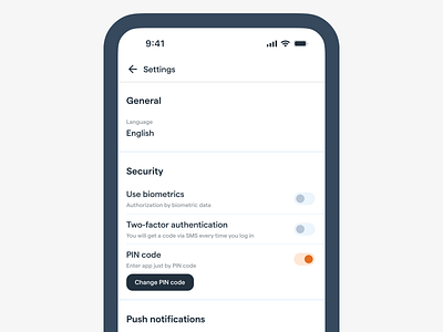 Settings. Biometric, two-factor authentication, PIN code authentication biometric figma login mobile pin pin code product design security settings toggle two factor authentication ux