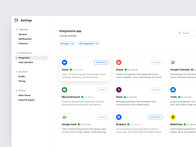 Calendar web app UI - ChronoCal (Integration) app page apps calendar app calendar web app dashboard design integration integration app integration page integration setting navigation bar product design saas design saas ui setting page sidebar software taak management ui design web app web app design