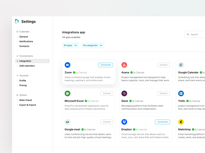 Calendar web app UI - ChronoCal (Integration) app page apps calendar app calendar web app dashboard design integration integration app integration page integration setting navigation bar product design saas design saas ui setting page sidebar software taak management ui design web app web app design