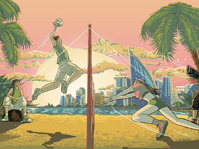 summer rest boy girl illustration illustrator photoshop sneakers sport summer sunset volleyball