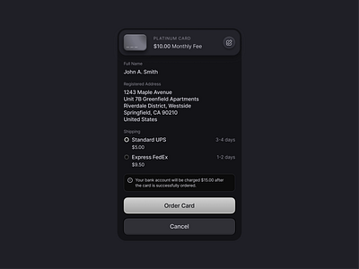 Order credit card 💳📦 address banking buttons card clean credit dark design finance fintech icon illustration interface minimal mode money popup shipping simple ui