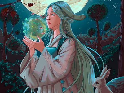 The Sorceress is a moon rabbit asia illustration illustrator korea moon moon rabbit nature night photoshop rabbit