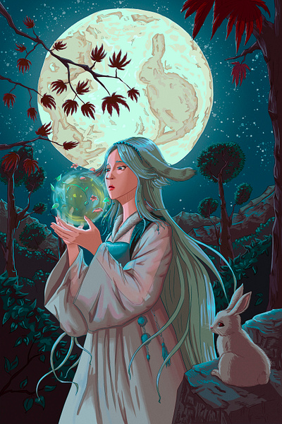The Sorceress is a moon rabbit asia illustration illustrator korea moon moon rabbit nature night photoshop rabbit