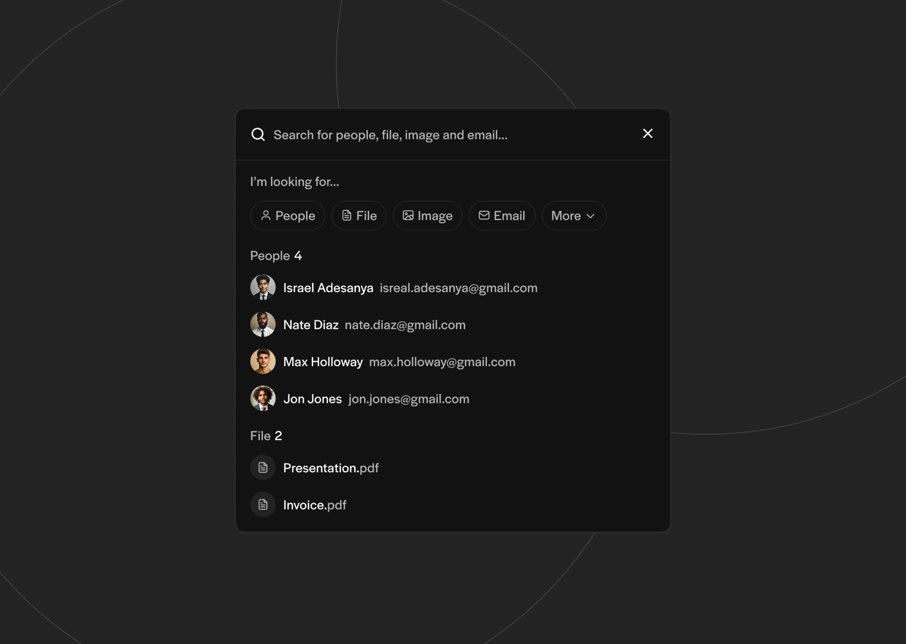 Search Modal (dark version) clean cmd component dark filter list list view minimal modal pop up popup saas search search bar search box search modal ui ux