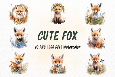 Watercolor Cute Floral Fox Clipart animal clipart flower fox graphic design illustration sublimation watercolor wild wreath