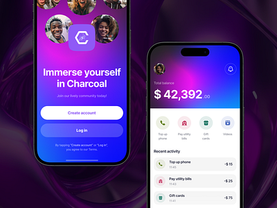 Charcoal — all-in-one finance social network mobile app design app app ui banking create account design finance fintech login mobile app mobile app design mobile design mobile ui sign up social network ui ui ux ux web design welcome page welcome screen