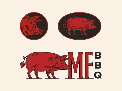 BBQ Exploration animal badge barbeque bbq crest custom type etched fire hog icon illustration lettermark lockup logo matt doyle design monogram organic patch pig visual identity