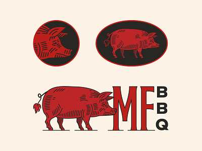 BBQ Exploration animal badge barbeque bbq crest custom type etched fire hog icon illustration lettermark lockup logo matt doyle design monogram organic patch pig visual identity