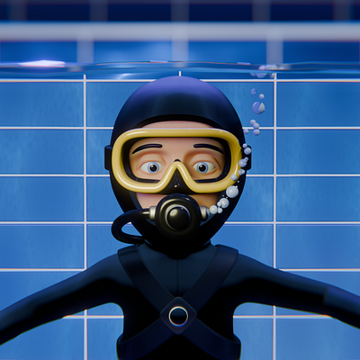 Still from my 3D animation 3d animation blender breathing bubbles cartoon character diver eyes face look neoprene pool underwater water