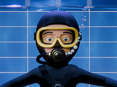 Still from my 3D animation 3d animation blender breathing bubbles cartoon character diver eyes face look neoprene pool underwater water