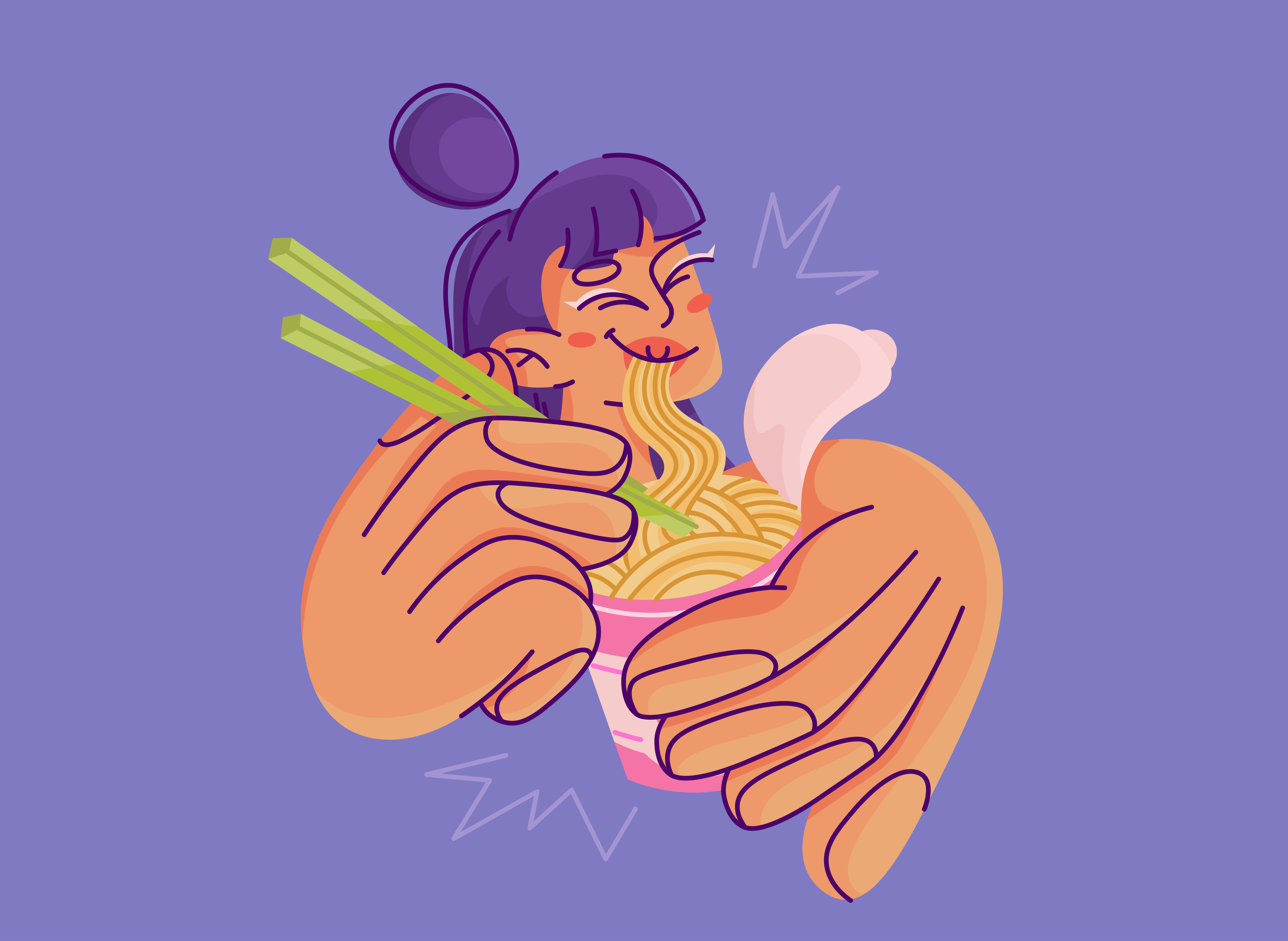 Instant noodles 2d character characterdesign fastfood flat flat illustration food girl illustration illustration design instant noodles meal noodles taste vector yammy