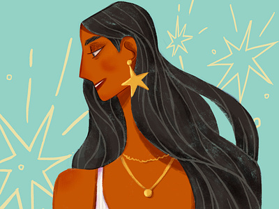 Star 2d character design flat girl gold illustration long hair star