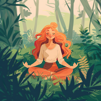 A girl mediating among nature graphic design ill illustration painting