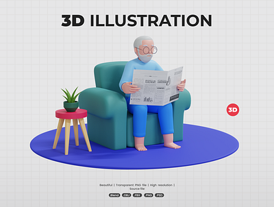 Senior man reading newspaper sitting on armchair 3d illustration living room