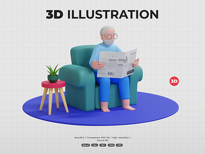 Senior man reading newspaper sitting on armchair 3d illustration living room