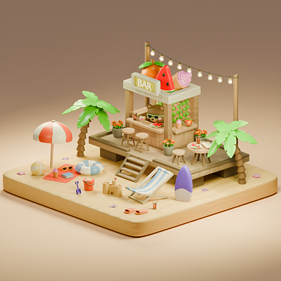 3D Sunny Beach With Bar 3d 3dart 3dmodel 3dmodeler 3dmodels art beach beachbar cute3d cuteart digitalart gameart summer