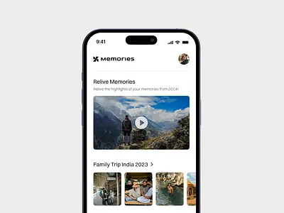 Memories - Home Page album app design clean dvinu home screen light mode memories minimal photos product design profile ui ui design web design