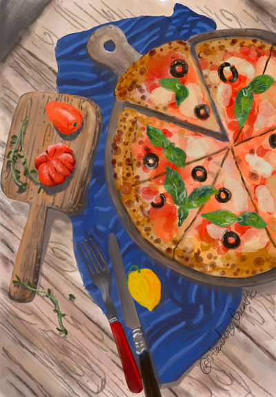 Pizza and Pepper Illustration basil cheese cheese and olive cheese pizza cheesey digital art digital food illustration food illustration handmade pizza illustration olive overhead shot pepper pepper illustration pizza illustration pizza platter procreate art wood table woodfire pizza yellow pepper