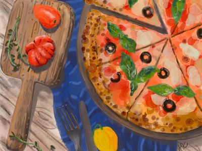 Pizza and Pepper Illustration basil cheese cheese and olive cheese pizza cheesey digital art digital food illustration food illustration handmade pizza illustration olive overhead shot pepper pepper illustration pizza illustration pizza platter procreate art wood table woodfire pizza yellow pepper