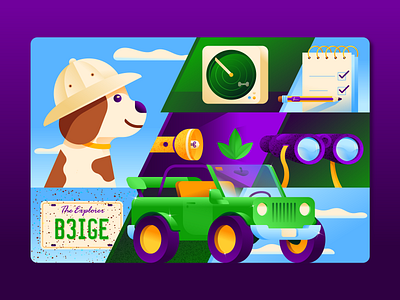 Beige 'The Explorer' beagle binoculars dog explorer illustration illustrator jeep miguelcm pencil radar scene teddy