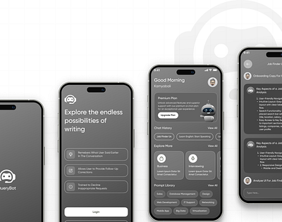QueryBot App UI ai aiassistant appdesign appui chatbot cleandesign darkmode interactiondesign mobileapp mobileui modernui productdesign querybot ui uxdesign