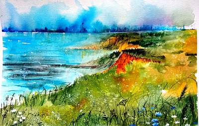 Original modern painting, Watercolor nature, Landscape, River art hand painted nature paint painting sky ukraine ukrainian village watercolor